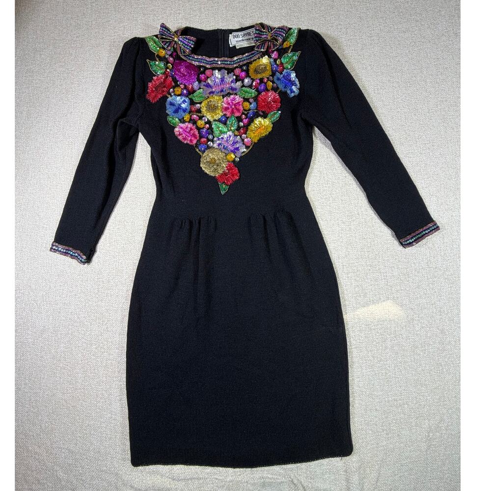 Don Sayers Wellmore Women 8 Black  Sequin Floral Cottagecore Sweater Dress